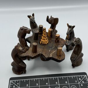 African Hand Carved Painted Wood Figurine 14 Pc Set Kenya Animals Decanter Cups